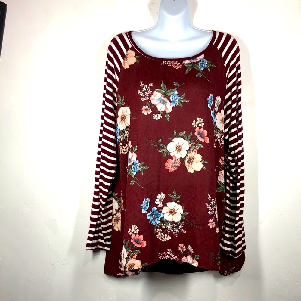 BETSEY JOHNSON Women’s Floral & Striped Burgundy Long-Sleeve Blouse